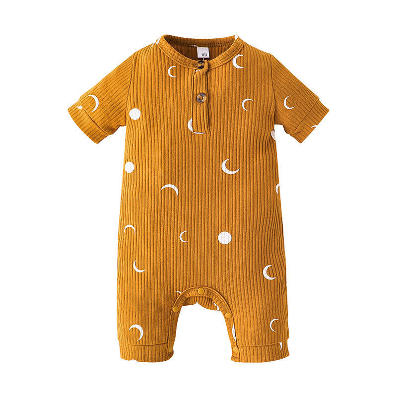 Baby Boys Solid Color Vertical Stripe Cartoon Printed Round Neck Short Sleeve Jumpsuit - PrettyKid