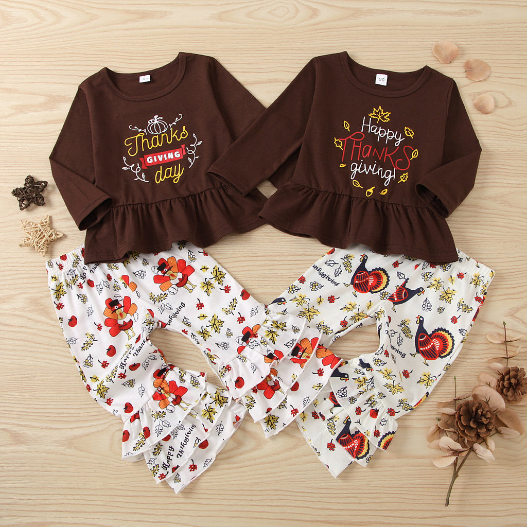 Toddler Kids Girls Thanksgiving Cartoon Letter Printed Long Sleeve Suit Trendy Baby Clothes Wholesale - PrettyKid