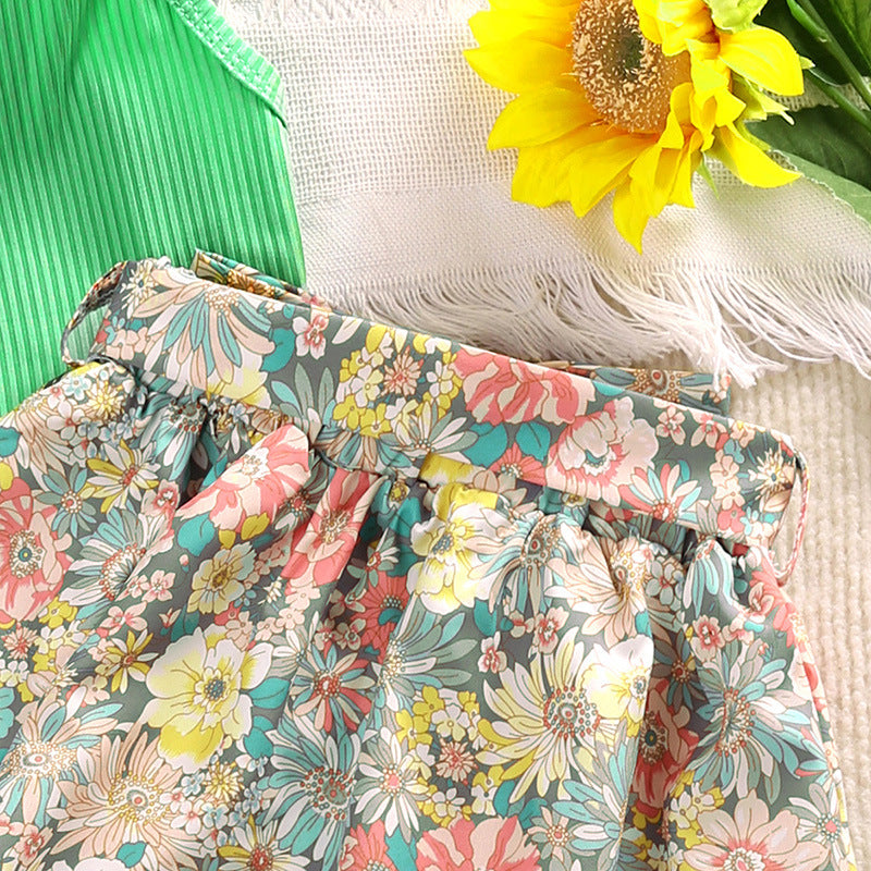 Summer Girls' V-Neck Sleeveless Tank Top Printed Short Skirt 2PK Set