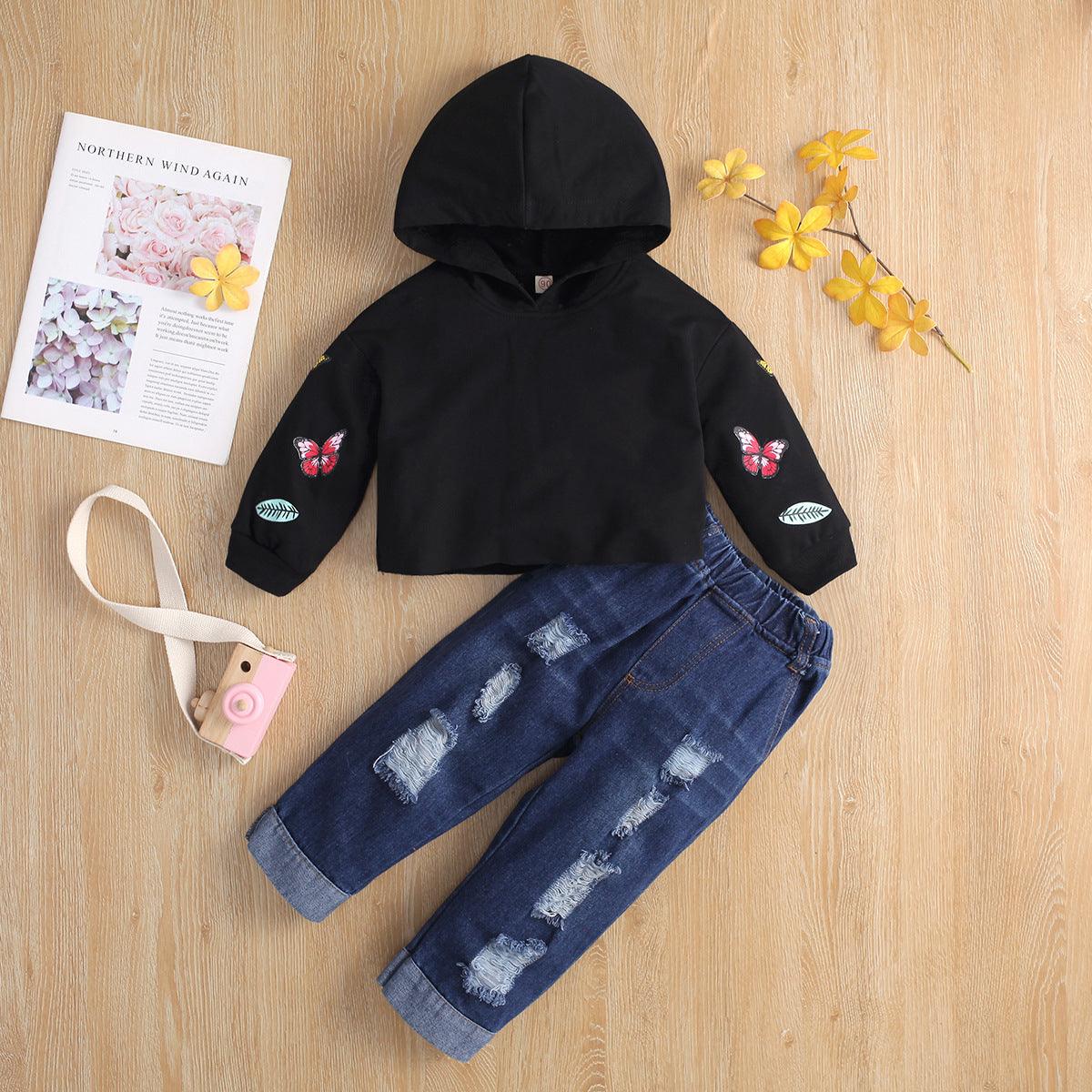 Toddler Kids Girls Long Sleeve Printed Hoodie with Holes Jeans Pants Set - PrettyKid