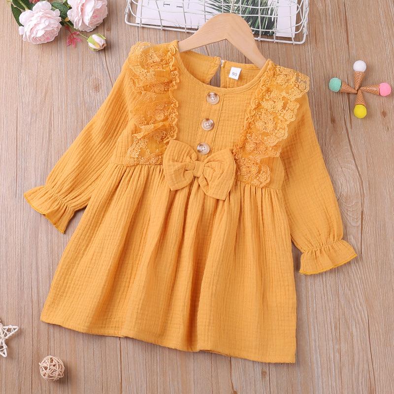 Toddler Kids Girls Solid Lace Bow Long Sleeve Dress - PrettyKid