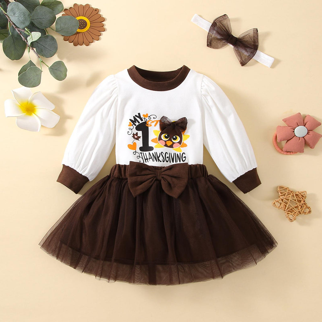 2022 Baby Girls Cartoon Printed Long Sleeve Jumpsuit, Mesh Short Skirt Thanksgiving Set - PrettyKid
