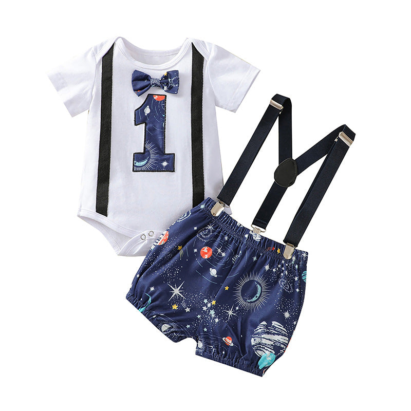 Baby Boys Solid Color Digital Planet Print Round Neck Bodysuit Suspender Pants Set - PrettyKid