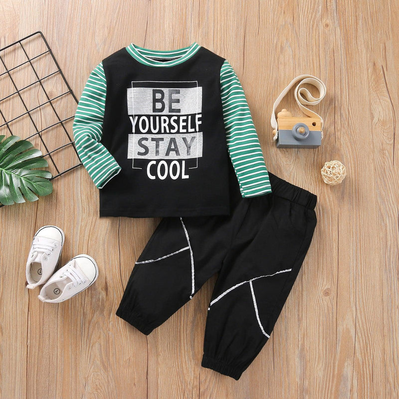 Toddler Kids Boys Round Neck Letter Stripe Long Sleeve T-shirt Pants Set - PrettyKid