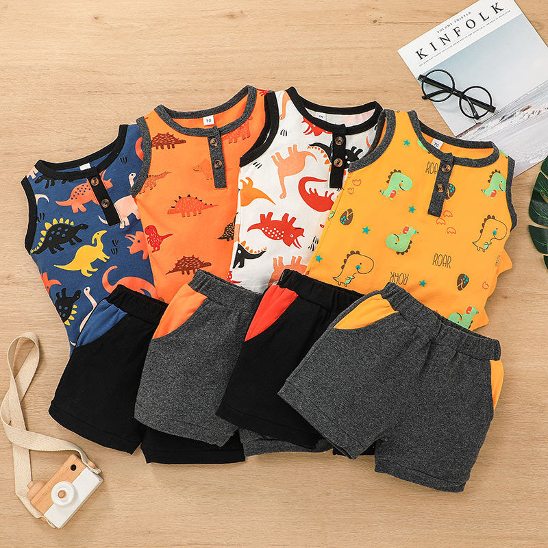 Toddler Kids Boys Summer Solid Dinosaur Print Vest Shorts Set - PrettyKid
