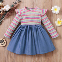 Toddler Kids Girls Color Striped Denim Stitched Long Sleeve Dress - PrettyKid