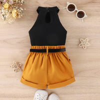 Girls' Spring and Summer Solid Color Hanging Neck Vest Pocket Shorts with Waist Bag Three-piece Children's Suit