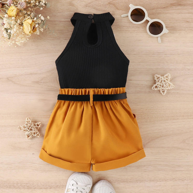 Girls' Spring and Summer Solid Color Hanging Neck Vest Pocket Shorts with Waist Bag Three-piece Children's Suit