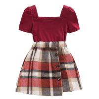 2023 Summer New Girls Suit Bubble Sleeve French Square Neck Top Plaid Skirt Two-piece Set