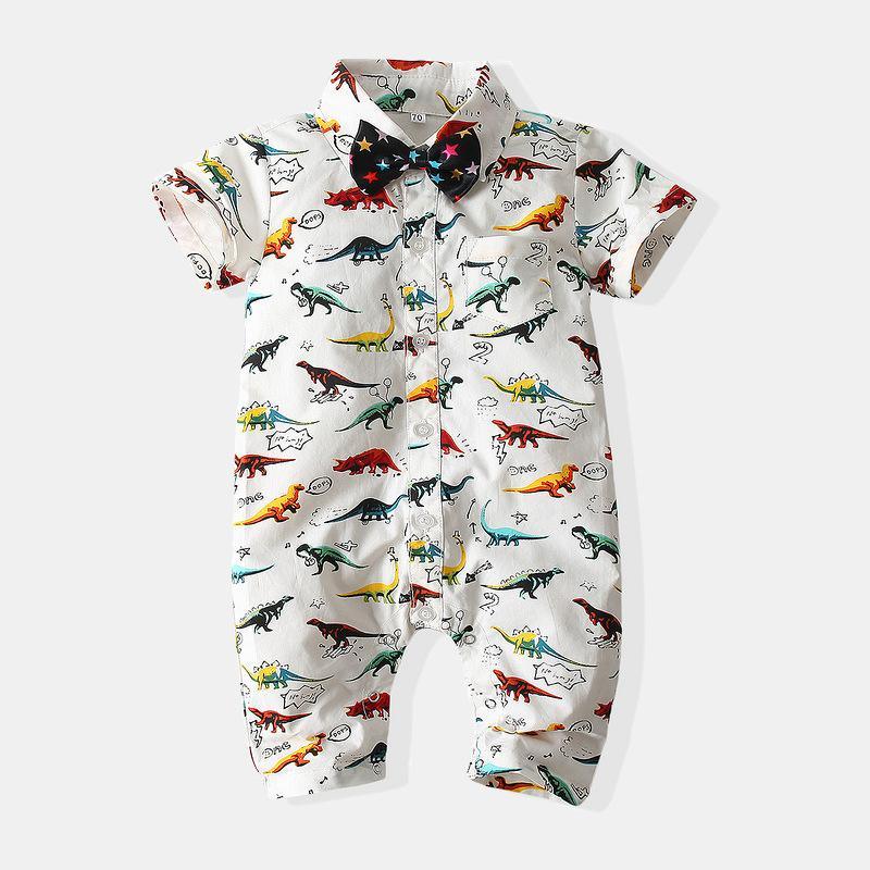 Short-Sleeved Cartoon Dinosaur Romper Jumpsuit - PrettyKid