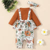 Toddler Girl Solid Color Round Neck Long Sleeve Top Flower Print Suspender Pants Set - PrettyKid