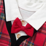Toddler Kids Boys Fake Two Piece Bow Tie Plaid Print Top Red Gentleman Suit - PrettyKid