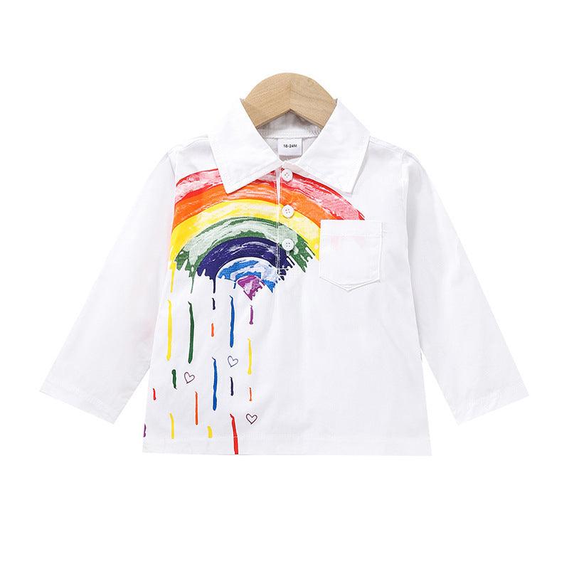 Toddler Kids Boys' Long Sleeved Thin Section Lapel Button Rainbow Print Shirt - PrettyKid