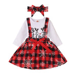 Baby Girls Solid Christmas Print Long Sleeve Bodysuit Plaid Strap Dress Set - PrettyKid