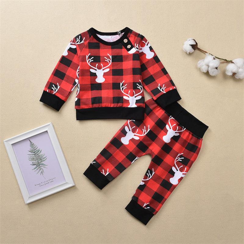 Children Cartoon Deer Head Christmas Print Plaid Long Sleeve Christmas Suit - PrettyKid