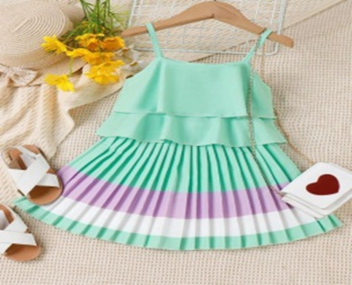 Spring and Summer Rose Belt Top Pleated Cake Skirt Girls Suit
