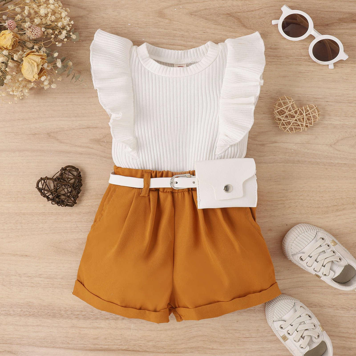 Spring and Summer Cotton Pit Strip Flying Sleeve Top Solid Color Shorts with Waist Bag Girls Suit