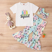 Easter Girls' Letter Printing Short-sleeved Rabbit Flare Trousers Three-piece Set