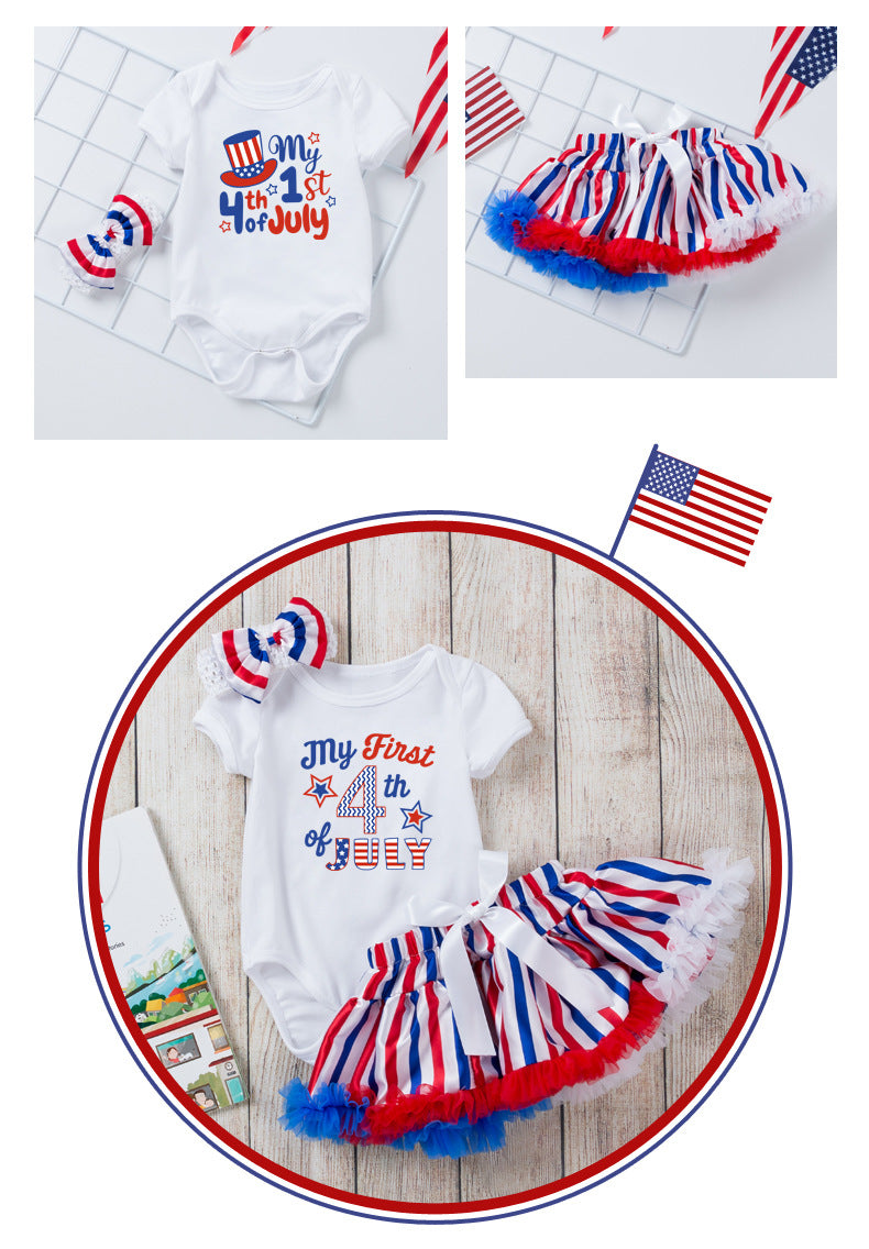 Girls Summer American Independence Day Baby Suit Short-sleeved Printed Harness Striped Puffy Skirt Headdress - PrettyKid