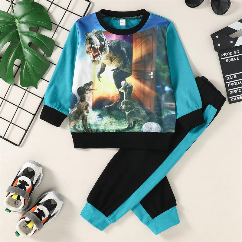 Toddler Kids Boys 3D Printed Dinosaur Patchwork Sweatshirt Set - PrettyKid