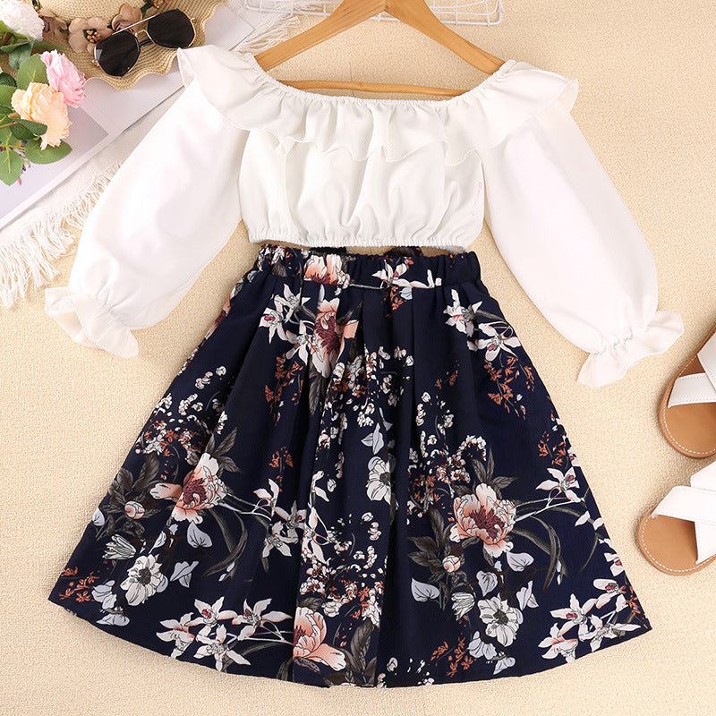 Kids Girls Solid Color Large Neckline Long Sleeve Top Floral Print Half Skirt Set - PrettyKid