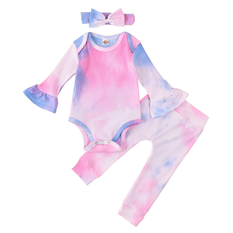 Baby Girl Three-piece Tie-dye Jumpsuit and Trousers and Headband - PrettyKid