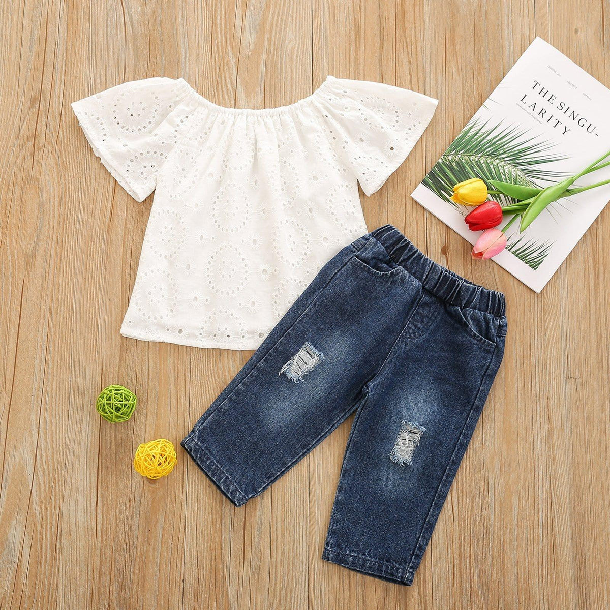 Summer toddler kids girls' short-sleeved hollow top jeans two-piece set - PrettyKid