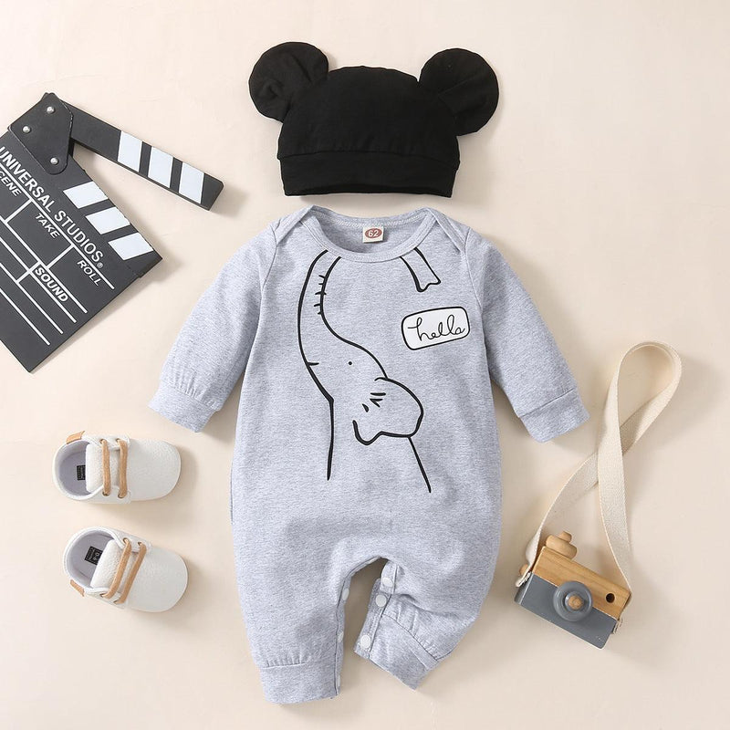 Baby Boys Girls Solid Color Cartoon Elephant Print Long Sleeve Jumpsuit Hat Set - PrettyKid