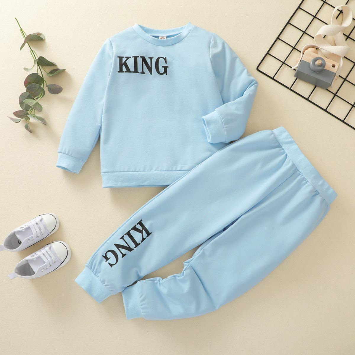 Toddler Kids Boys Girls Letter King Print Solid Long Sleeve Set - PrettyKid