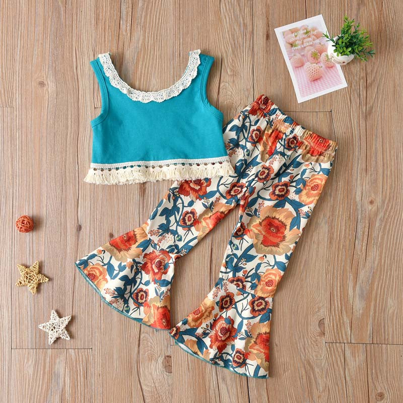 Toddler Kids Girl Solid Sleeveless Lace Patchwork Top Print Flared Pants Set - PrettyKid