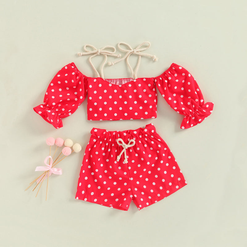Toddler Kids Girls Solid Dot Print Suspender Short Sleeve Top Shorts Summer Suit - PrettyKid