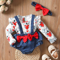 Toddler Boys Girls Cartoon Koala Love Printed Top Denim Strap Bow Pants Set - PrettyKid