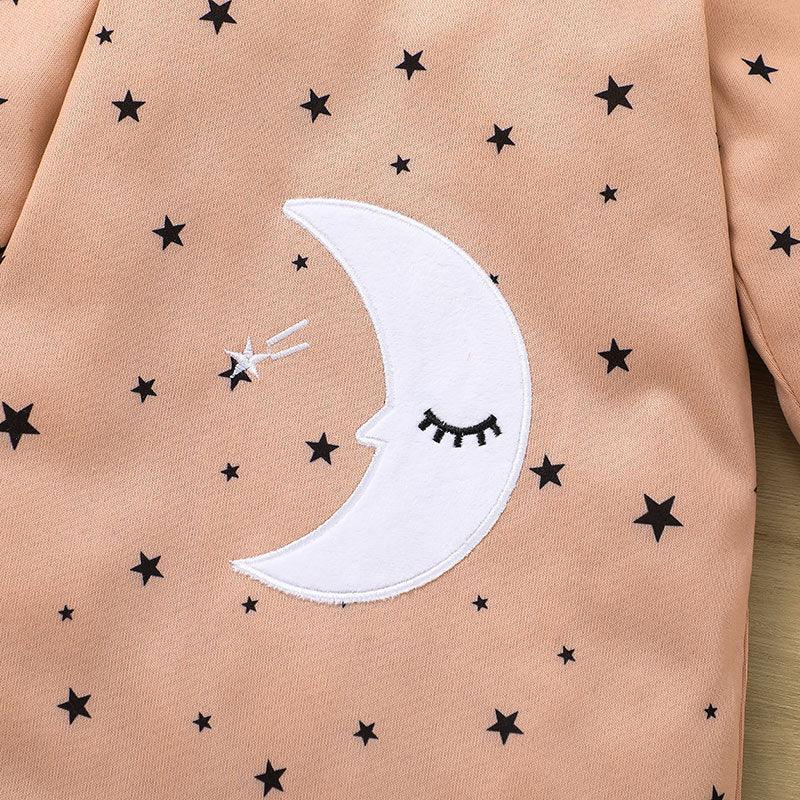 Baby Girls Solid Color Lovely Moon Star Print Long Sleeve Jumpsuit - PrettyKid