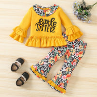 Toddler Kids Girls' Long Sleeved Baby Collar Lace Letter Printed Flared Pants Set - PrettyKid