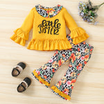 Toddler Kids Girls' Long Sleeved Baby Collar Lace Letter Printed Flared Pants Set - PrettyKid