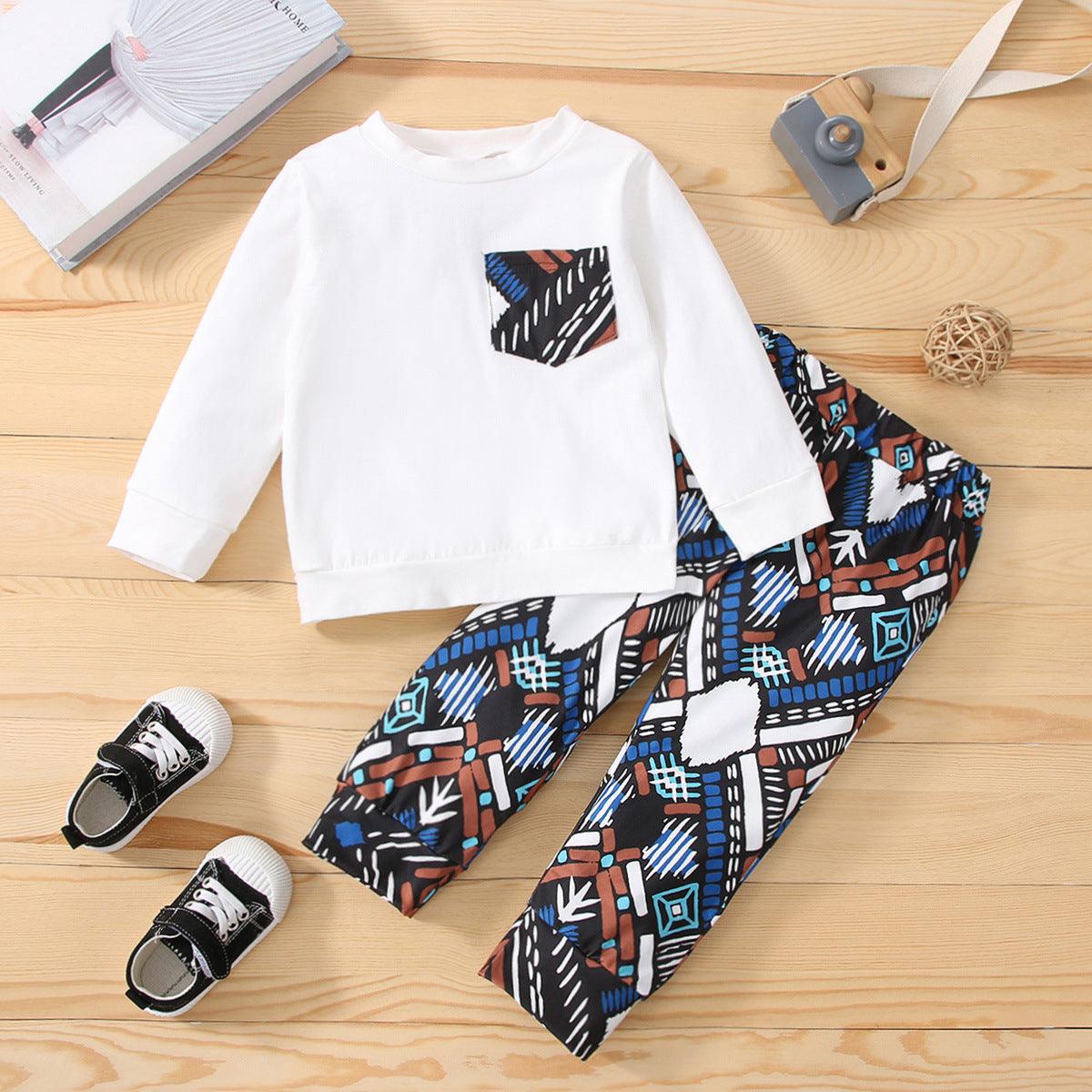 Toddler Girls Boys Solid Pocket Geometric Print Long Sleeve Set - PrettyKid