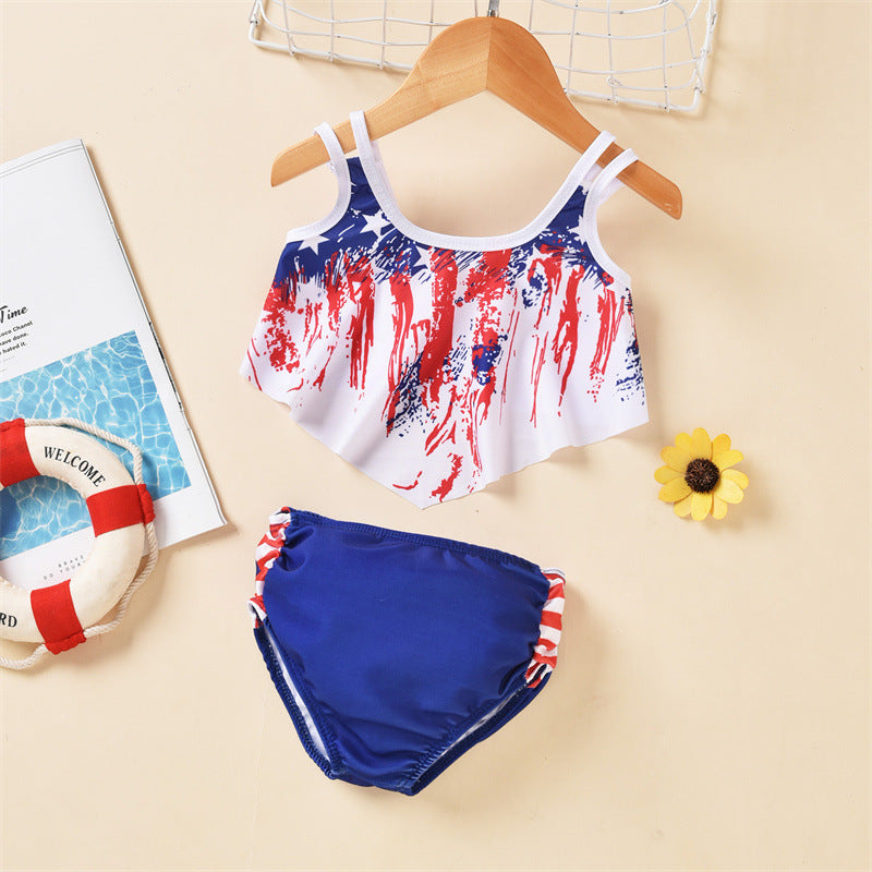 Toddler Kids Girls Suspender + Shorts Split Swimsuit Set Independent Day Dress - PrettyKid