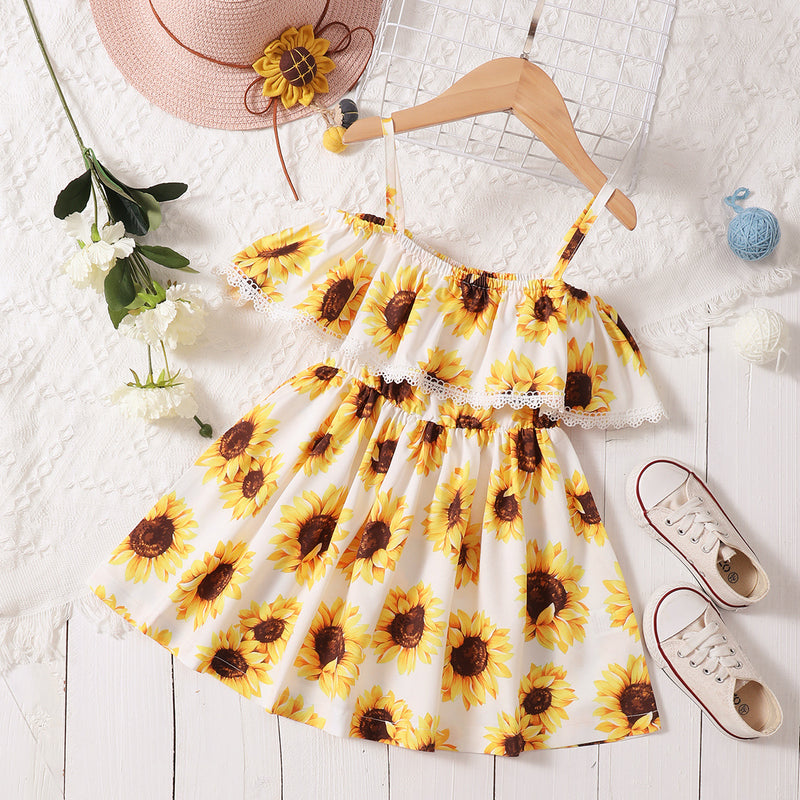 Children's Strapless Ruffle Sunflower Dress Floral Dress - PrettyKid