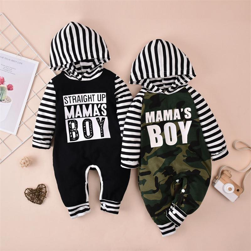 Baby Boys Letter Print Camouflage Patchwork Hooded Jumpsuit - PrettyKid