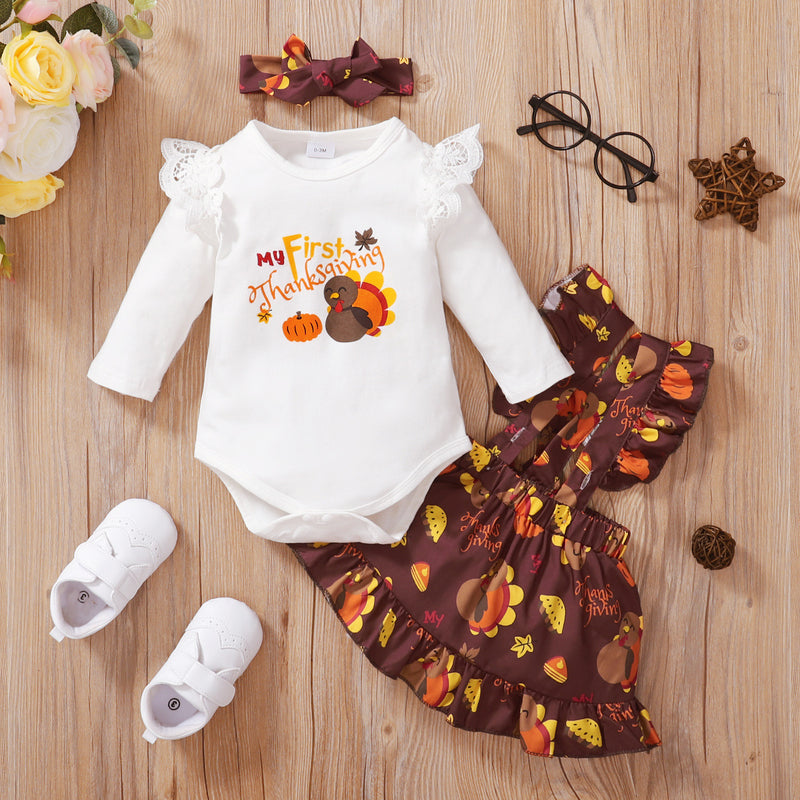 2022 Baby Girls Thanksgiving Lovely Knitted One-piece Clothes Cartoon Printed Suspender Skirt Set - PrettyKid