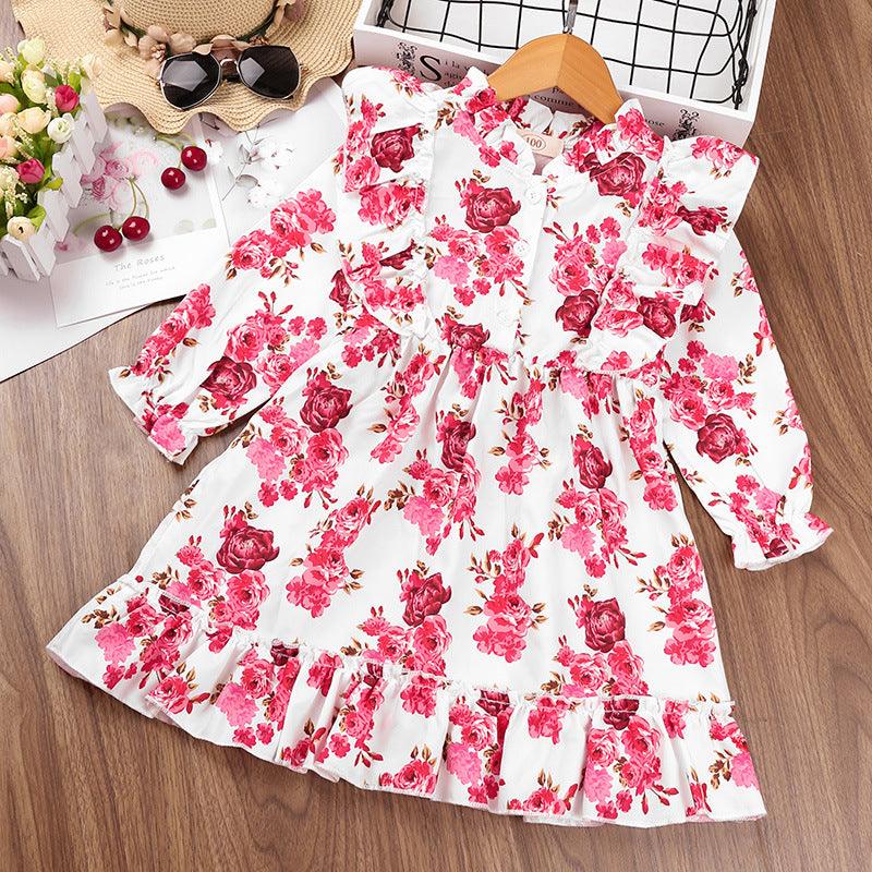 Children Girls Floral Print Long Sleeve Dress - PrettyKid