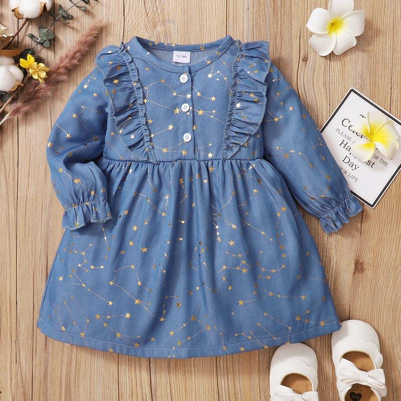 Toddler Kids Girls Solid Star Print Denim Long Sleeve Dress - PrettyKid