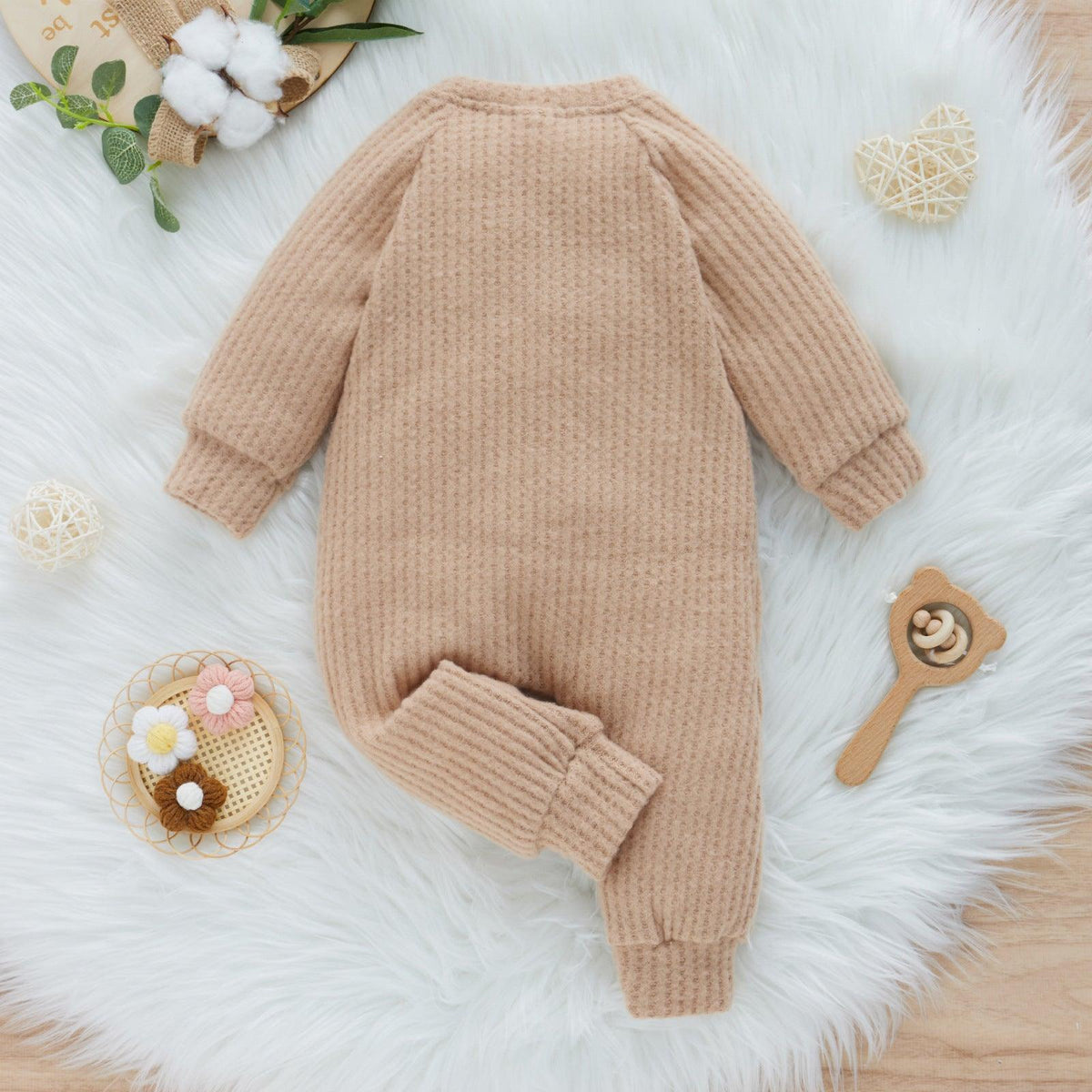 Baby Boys Girls Solid Color Waffle Fleece Warm Long-sleeved Jumpsuit - PrettyKid