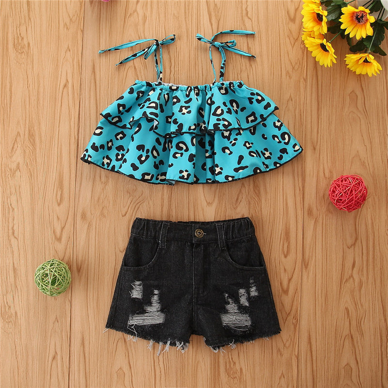 Toddler Kids Girls Leopard Suspender Top Denim Shorts 2pcs Set Wholesale Girls Boutique Clothing - PrettyKid
