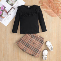 Children Girls Long Sleeve Round Neck Lace Knit Top Plaid Half Skirt Set - PrettyKid