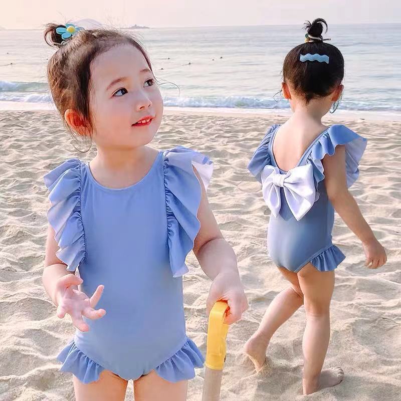 Toddler Girl Solid Color Lovely Lace Bow One-piece Bathing Suit Swimsuit - PrettyKid