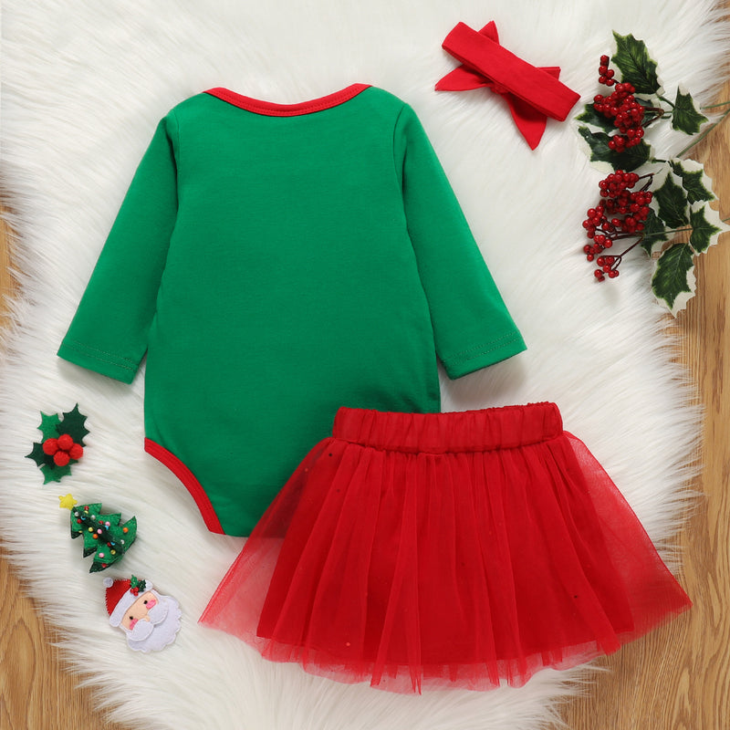 Baby Girls Christmas Deer Long Sleeve One-piece Dress Mesh Skirt Set - PrettyKid