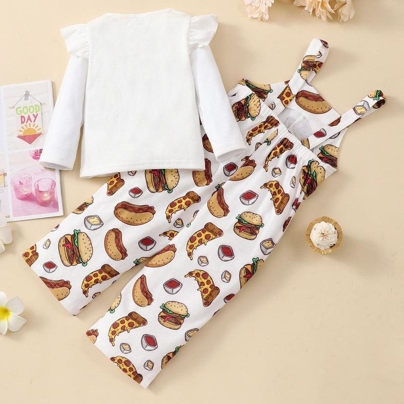 Toddler Kids Girls' Solid Color Letter Printed Long Sleeve Top Cartoon Food Printed Suspender Pants Set - PrettyKid