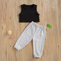 Toddler Kids Girls Black Sleeveless Vest Grey Sportswear Suit - PrettyKid