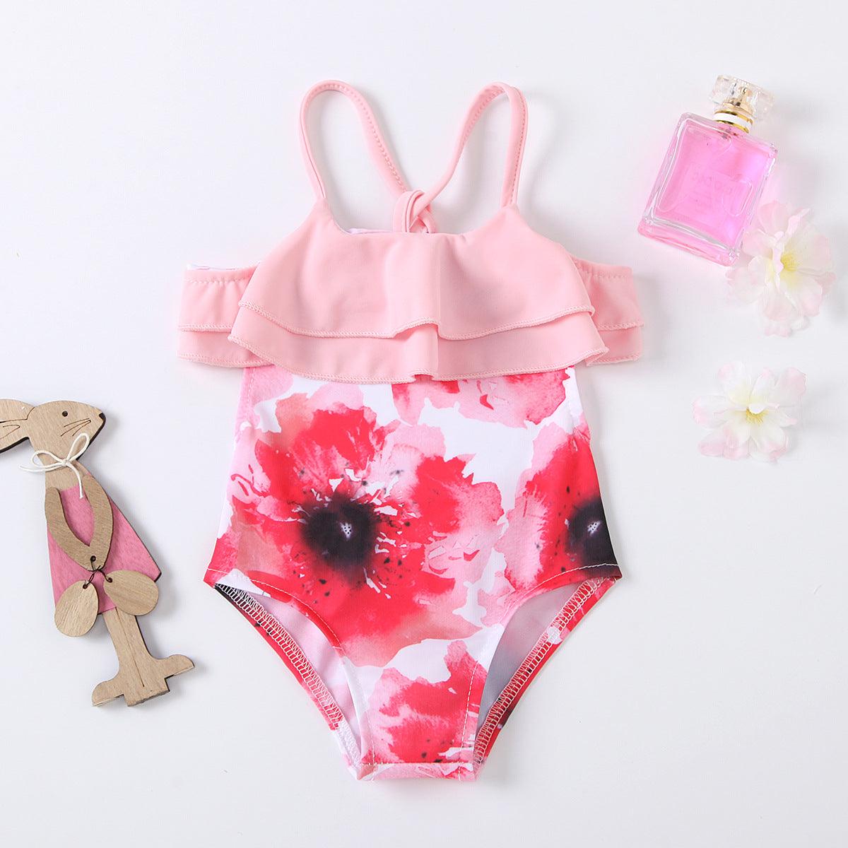 Toddler Kids Girls Summer Solid Color Suspender Flower Print Jumpsuit Swimsuit - PrettyKid